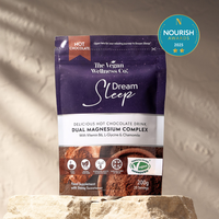 Vegan Wellness Co. Dream Sleep hot chocolate package with Nourish Awards badge on a neutral background