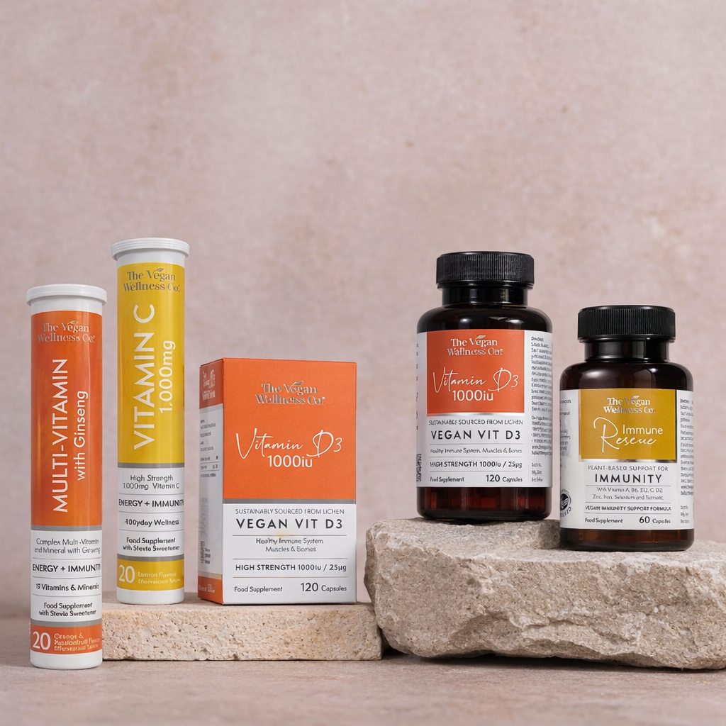 Collection of health supplements from The Vegan Wellness Co. including multivitamins, vitamin D3, and immune support products on a stone surface.